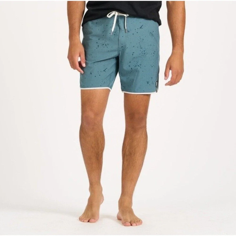 Vuori Cruise Board Swim Shorts Men's 36 Steel Blue Splatter Drawstring